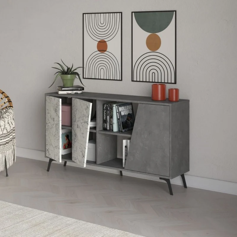 Madia 2 ante 150x35,6x82H colore bianco effetto marmo carrara e grigio Fiona