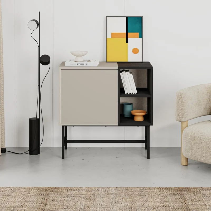 Mobile multiuso con anta cashmere e due vani a giorno neri 81x40x80H Mona Mini