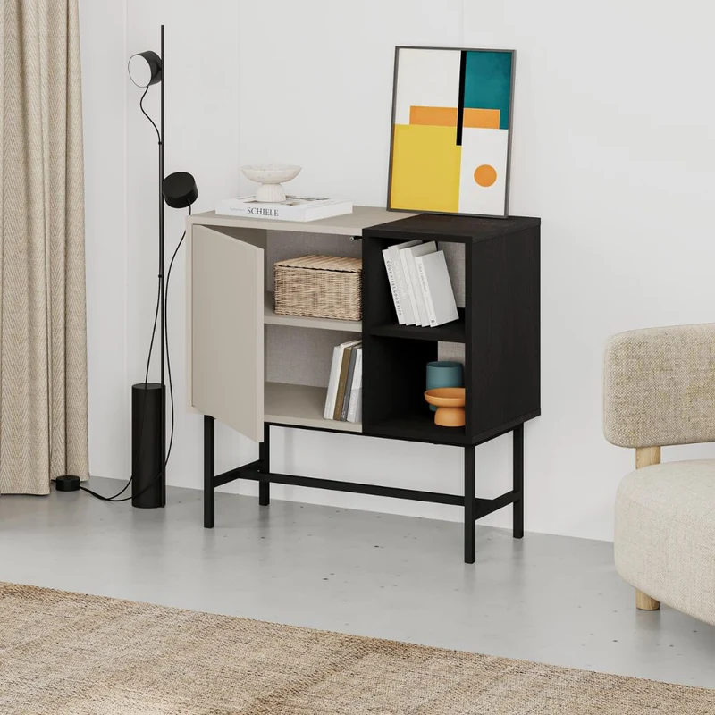 Mobile multiuso con anta cashmere e due vani a giorno neri 81x40x80H Mona Mini