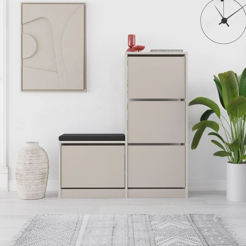 Scarpiera con panca a 4 ante a ribalta colore cashemere 105x26x118.5H Dude