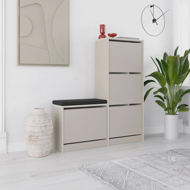Scarpiera con panca a 4 ante a ribalta colore cashemere 105x26x118.5H Dude