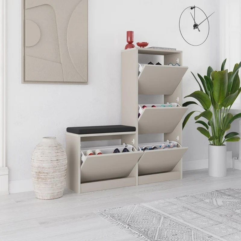 Scarpiera con panca a 4 ante a ribalta colore cashemere 105x26x118.5H Dude