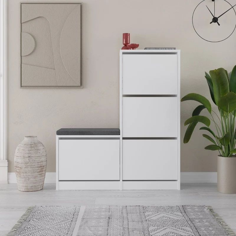 Scarpiera con panca a 4 ante a ribalta colore bianco 105x26x118.5H Dude