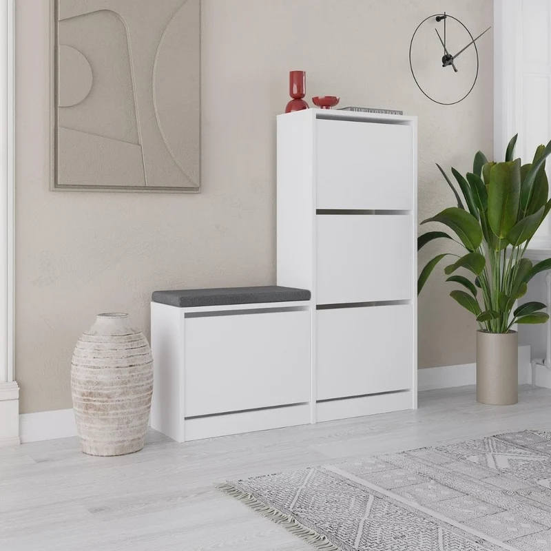Scarpiera con panca a 4 ante a ribalta colore bianco 105x26x118.5H Dude