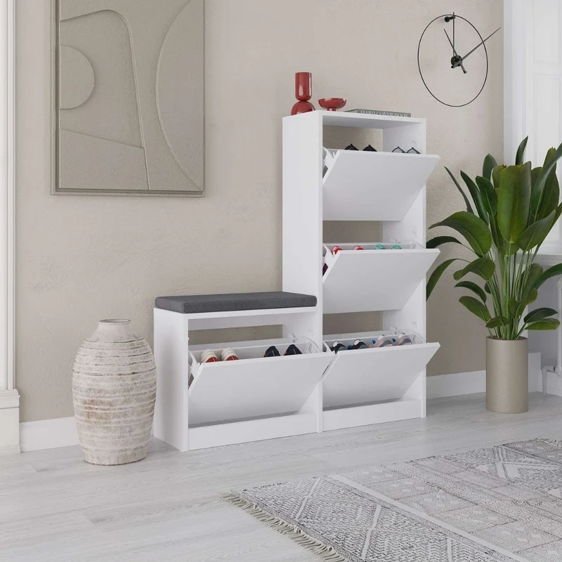 Scarpiera con panca a 4 ante a ribalta colore bianco 105x26x118.5H Dude