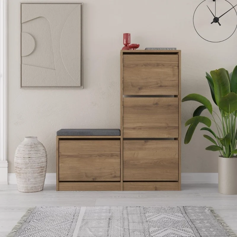 Scarpiera con panca a 4 ante a ribalta colore noce 105x26x118.5H Dude