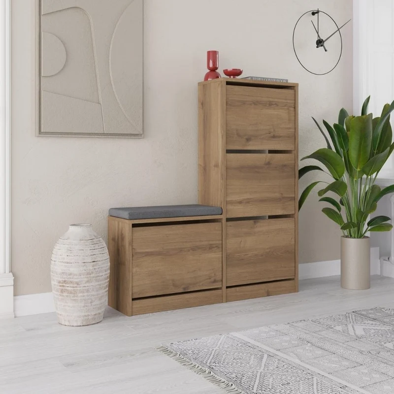 Scarpiera con panca a 4 ante a ribalta colore noce 105x26x118.5H Dude