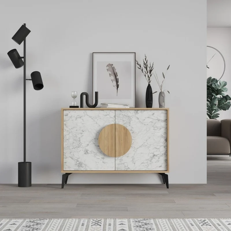 Madia 2 ante 110x35,6x82 colore bianco effetto marmo carrara e rovere Gora110