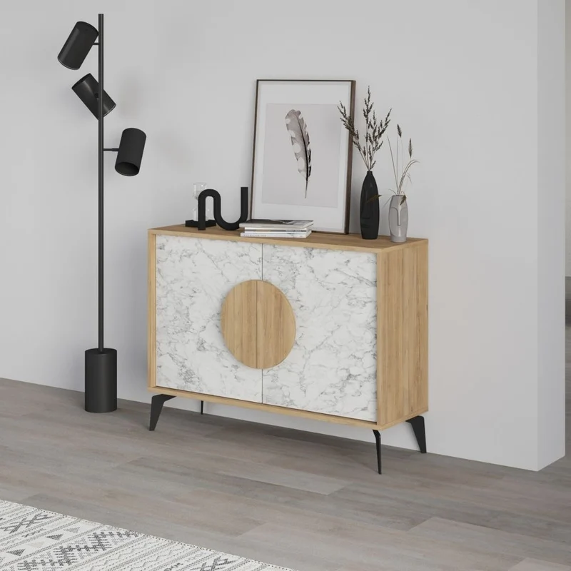 Madia 2 ante 110x35,6x82 colore bianco effetto marmo carrara e rovere Gora110