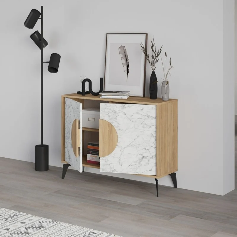 Madia 2 ante 110x35,6x82 colore bianco effetto marmo carrara e rovere Gora110