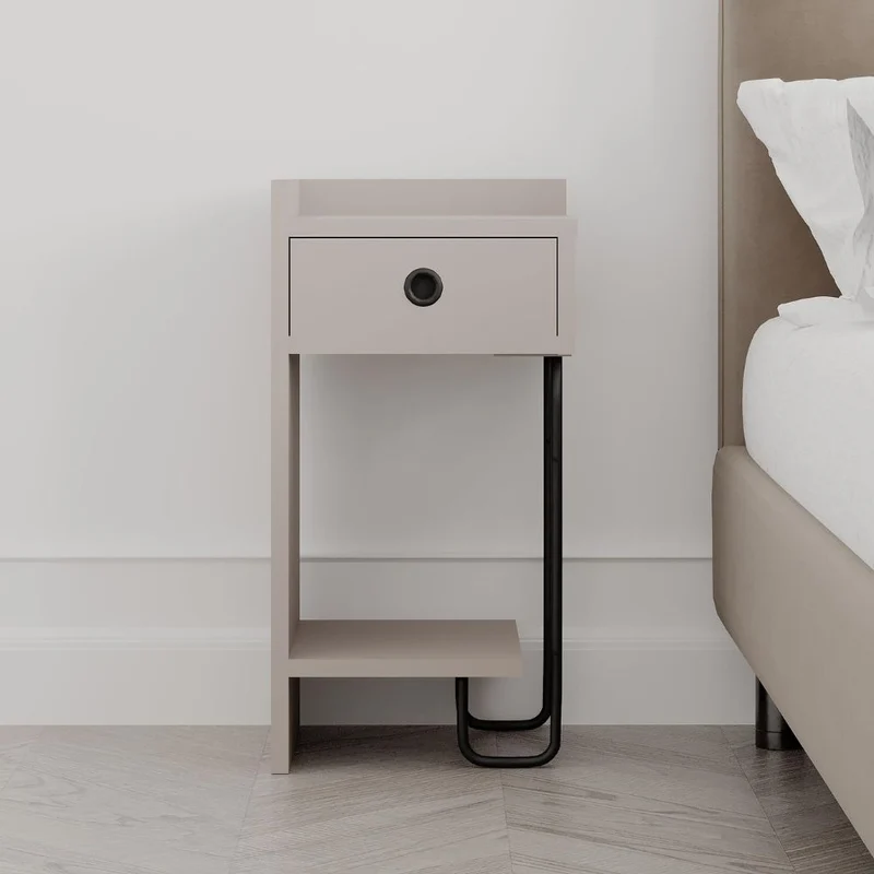 Comodino con cassetto e gamba in metallo nero sinistro colore tortora Sirius