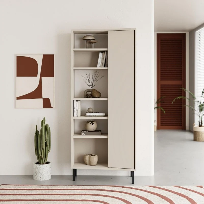 Libreria con frontale curvo, anta e vani a giorno in finitura cashmere 74x37x175H Frem