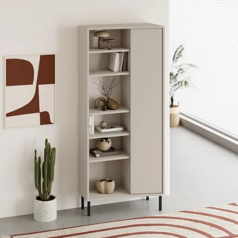 Libreria con frontale curvo, anta e vani a giorno in finitura cashmere 74x37x175H Frem