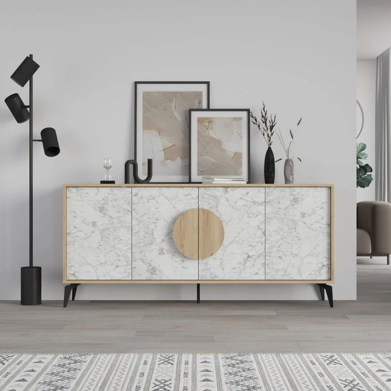Madia 4 ante colore bianco effetto marmo carrara e rovere 180x35,6x82 Gora180