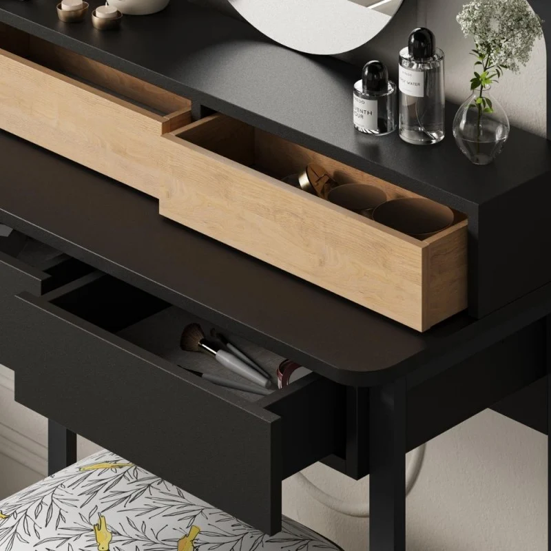 Toeletta trucco con 4 cassetti luci a led e specchio rotondo colore nero e rovere Lora