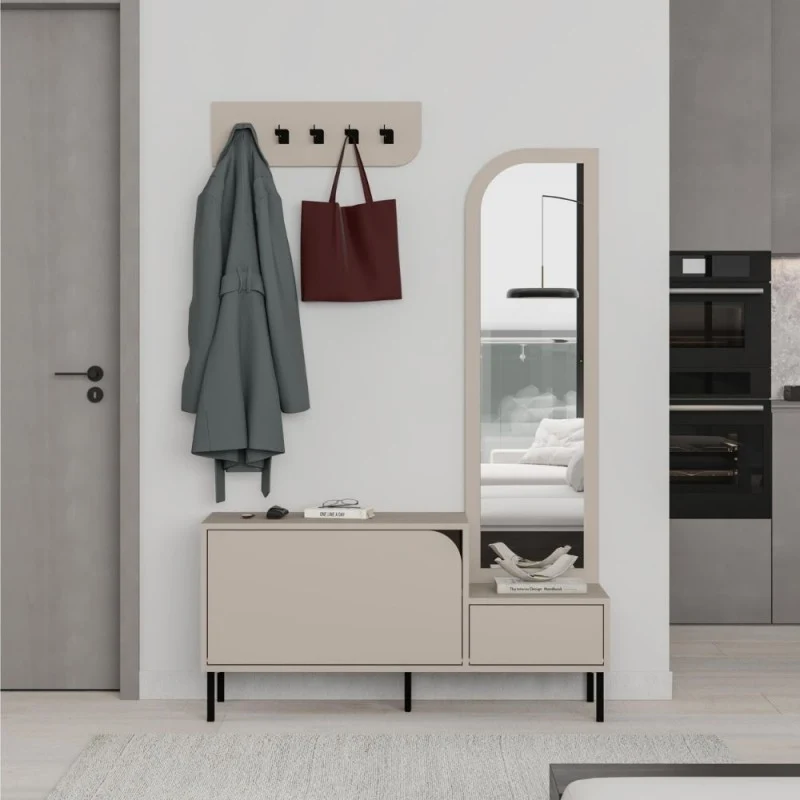 Mobile ingresso con scarpiera specchio e ganci appendiabiti colore cashmere Mila