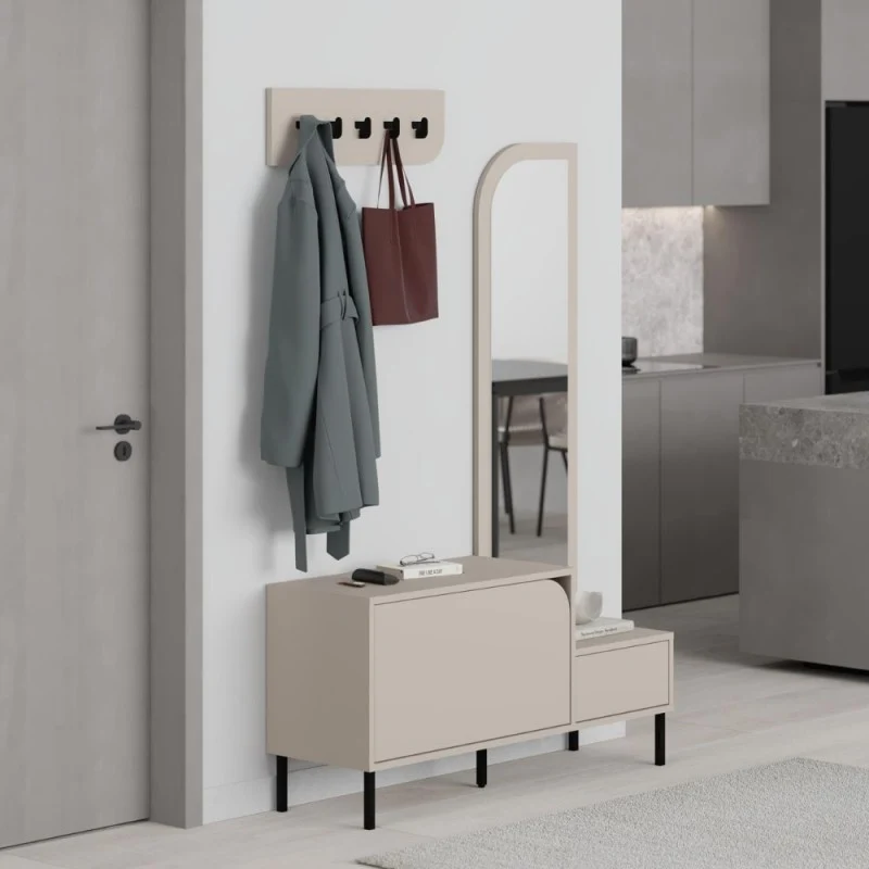Mobile ingresso con scarpiera specchio e ganci appendiabiti colore cashmere Mila