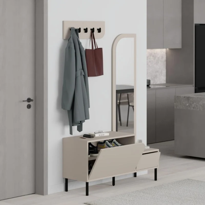 Mobile ingresso con scarpiera specchio e ganci appendiabiti colore cashmere Mila