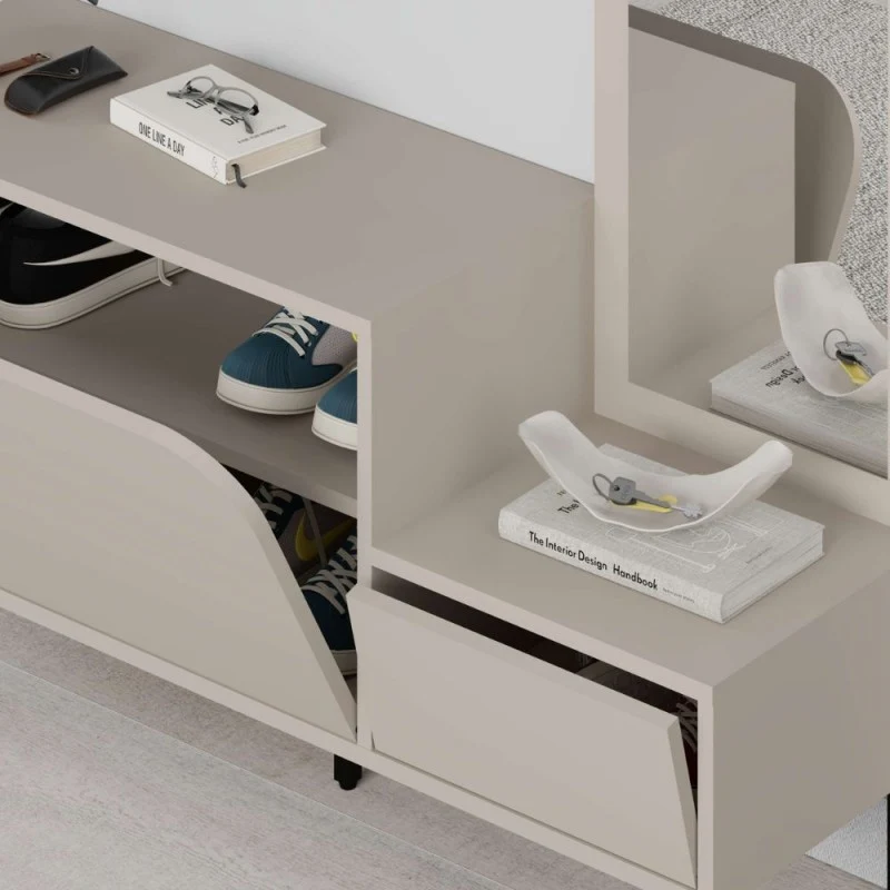 Mobile ingresso con scarpiera specchio e ganci appendiabiti colore cashmere Mila