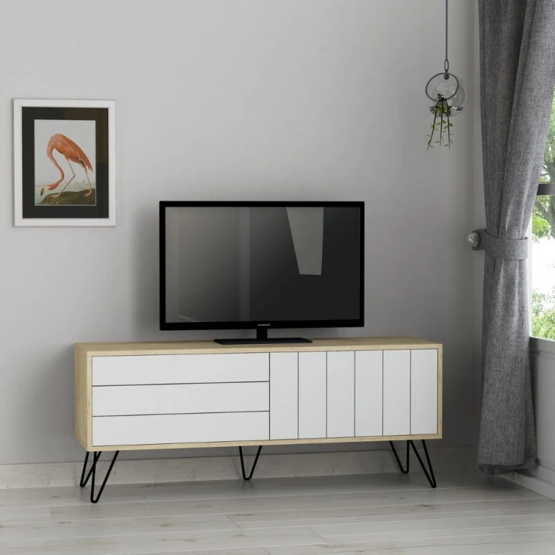 Mobile porta Tv struttura rovere con 2 ante a ribalta bianche 139.6x35.6x57.5H Picadilly