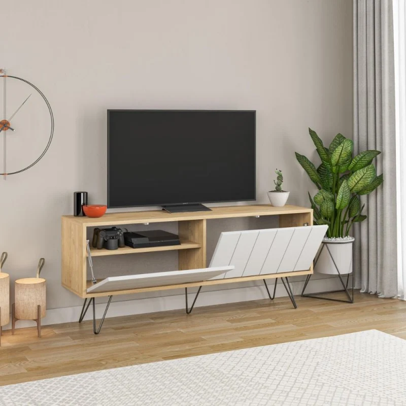 Mobile porta Tv struttura rovere con 2 ante a ribalta bianche 139.6x35.6x57.5H Picadilly