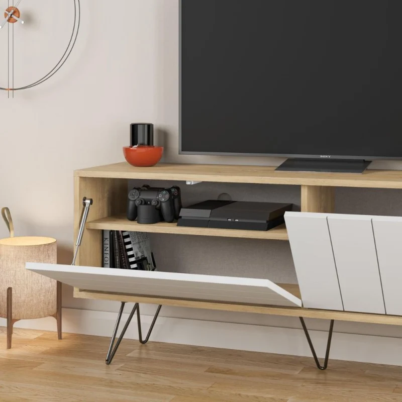 Mobile porta Tv struttura rovere con 2 ante a ribalta bianche 139.6x35.6x57.5H Picadilly