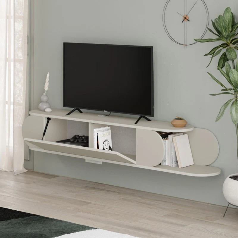 Mobile porta Tv sospeso con anta a ribalta e vano a giorno colore cashmere Tone