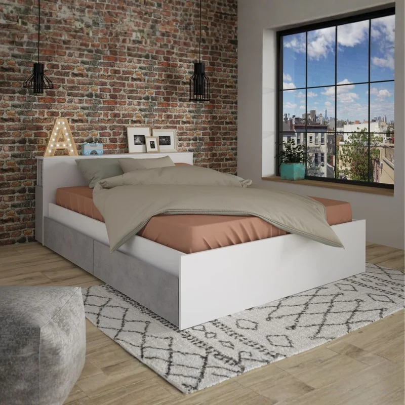 Letto francese 1566 con 4 cassettoni e comodini estraibili colore bianco e cemento