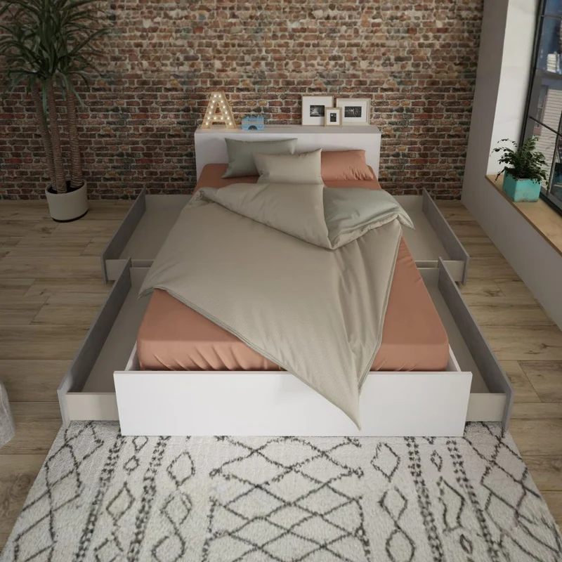 Letto francese 1566 con 4 cassettoni e comodini estraibili colore bianco e cemento