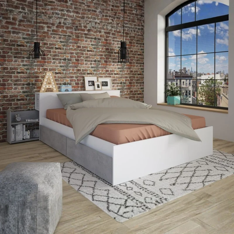 Letto francese 1566 con 4 cassettoni e comodini estraibili colore bianco e cemento