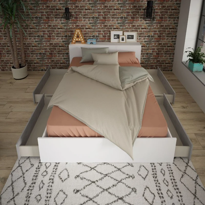 Letto francese 1566 con 4 cassettoni e comodini estraibili colore bianco e cemento