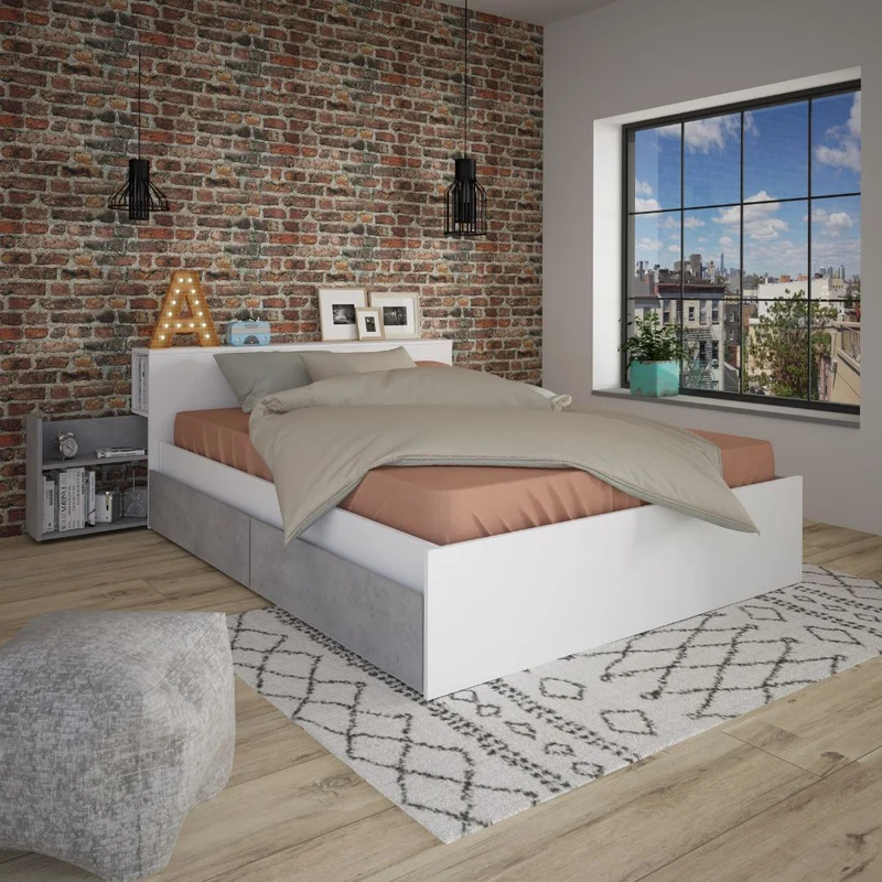 Letto francese 1566 con 4 cassettoni e comodini estraibili colore bianco e cemento