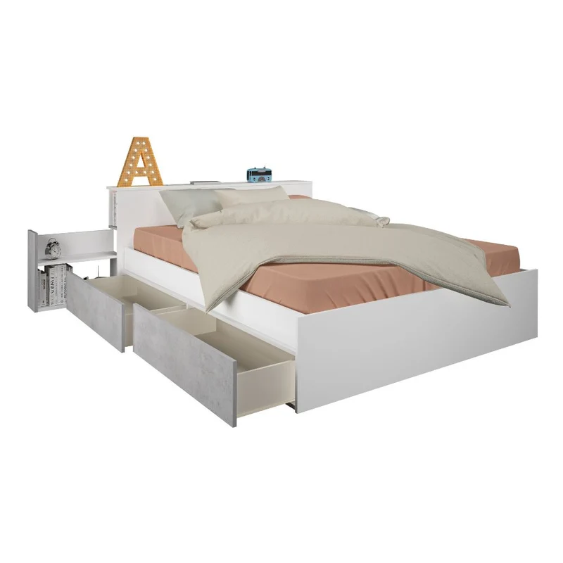 Letto francese 1566 con 4 cassettoni e comodini estraibili colore bianco e cemento