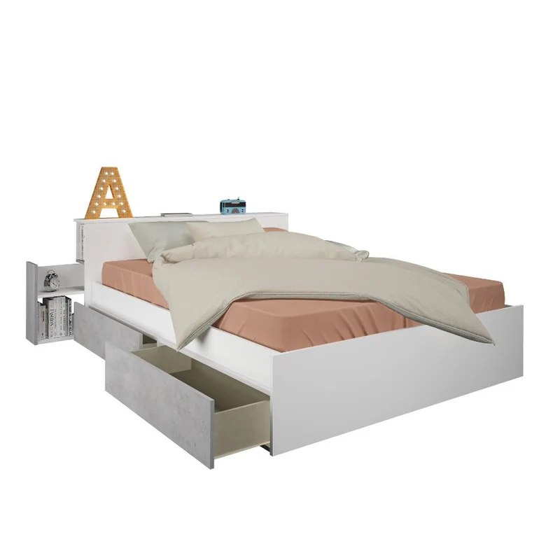 Letto francese 1566 con 4 cassettoni e comodini estraibili colore bianco e cemento