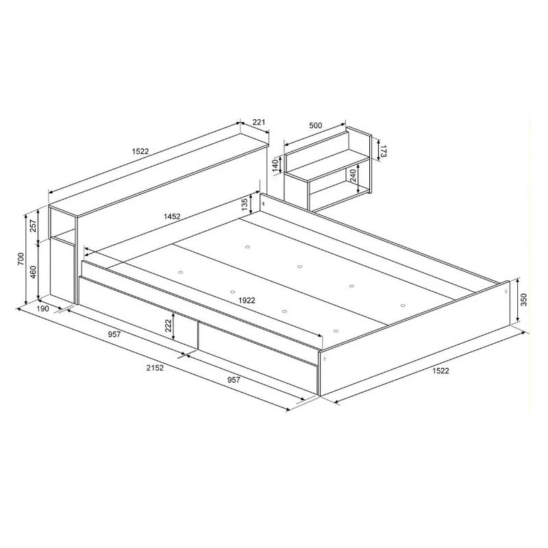 Letto francese 1566 con 4 cassettoni e comodini estraibili colore bianco e cemento