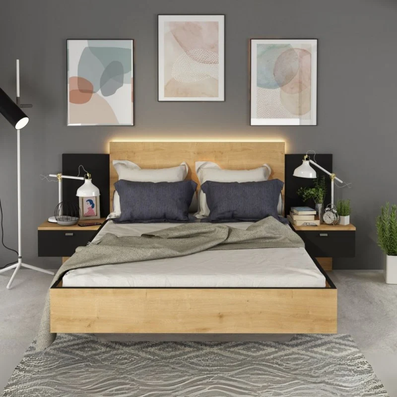 Letto francese 1514 sospeso con comodini integrati colore rovere e nero