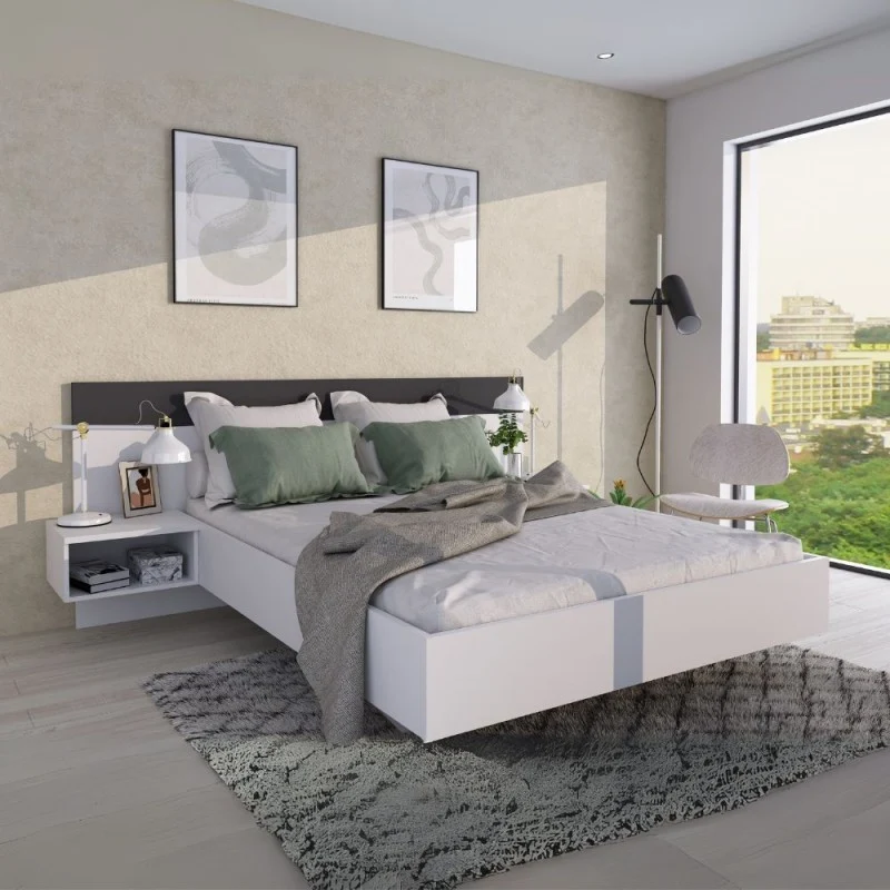 Letto francese 1514 sospeso con comodini integrati colore bianco e antracite