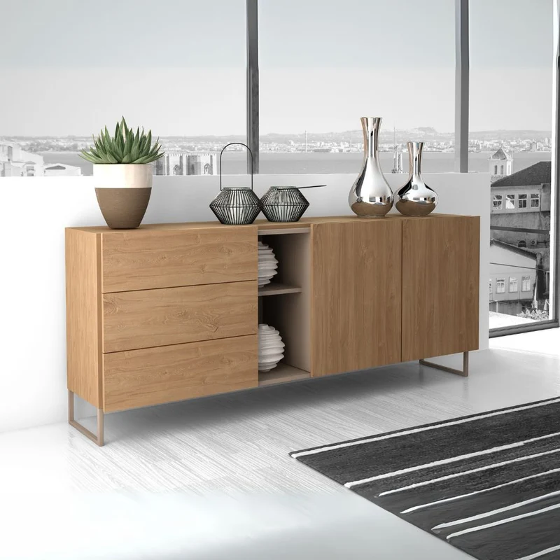 Madia 1055 colore rovere miele con 3 cassetti 2 ante e vano a giorno tortora 175x38x73.6H