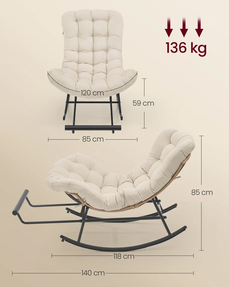 Fauteuil à bascule cocooning pour chambre salon jardin 118 x 85 x 85 cm avec repose-pieds extensible en rotin beige 12_0012256