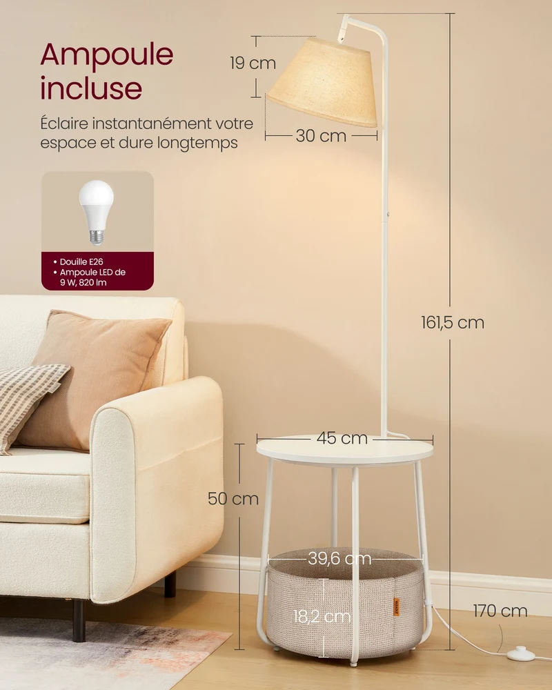 Lampadaire avec table d'appoint design moderne salon 45 cm diamètre 161,5 cm en acier blanc mat 12_0012250