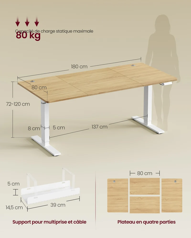 Bureau électrique réglable en hauteur 180 x 80 cm avec port USB et rappel de sédentarité design rustique en aggloméré chêne 12_0012078
