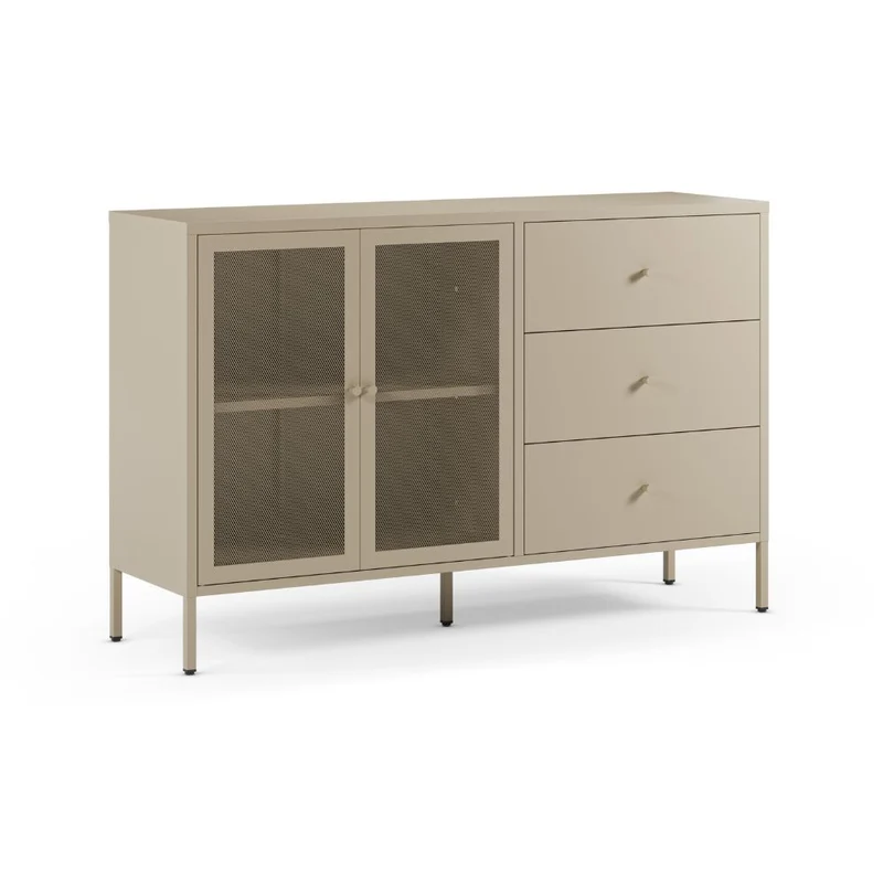 Credenza in metallo con 2 ante e 3 cassetti 140x40x90H colore sabbia Fayna