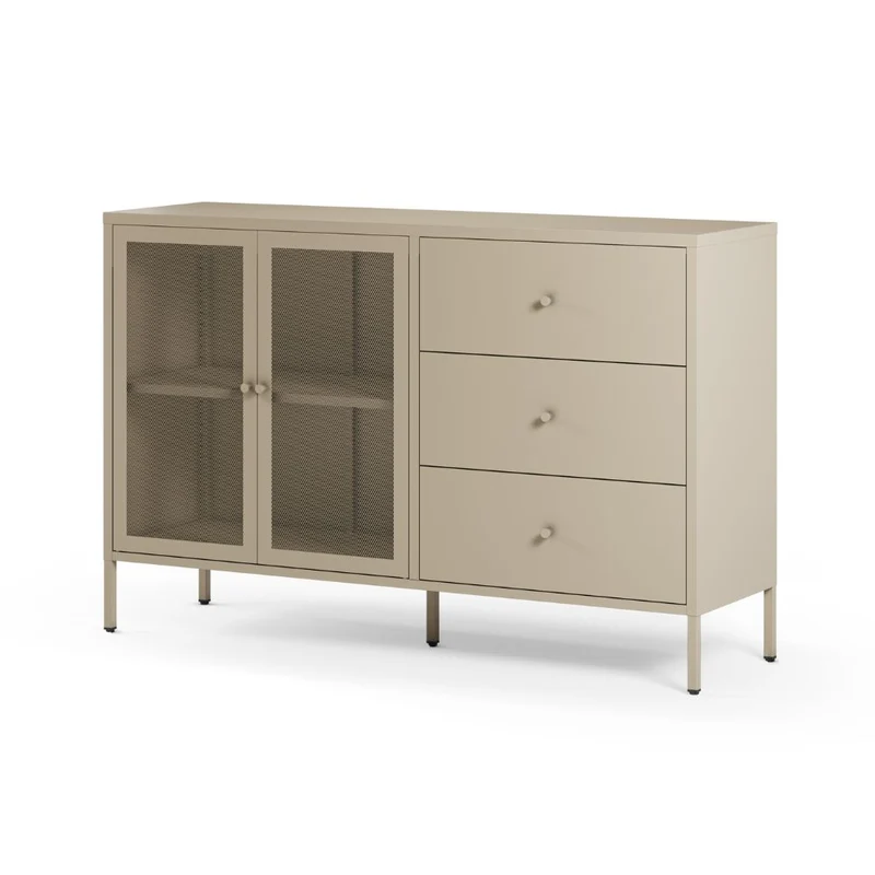 Credenza in metallo con 2 ante e 3 cassetti 140x40x90H colore sabbia Fayna