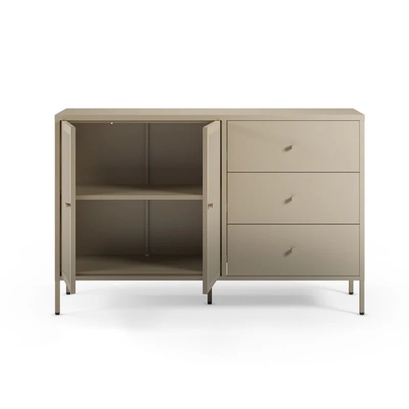 Credenza in metallo con 2 ante e 3 cassetti 140x40x90H colore sabbia Fayna