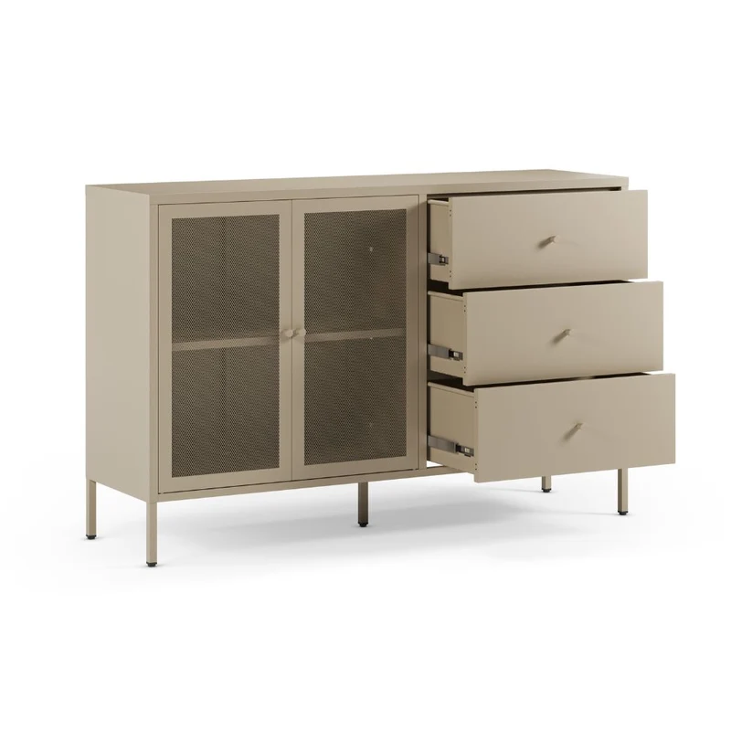 Credenza in metallo con 2 ante e 3 cassetti 140x40x90H colore sabbia Fayna