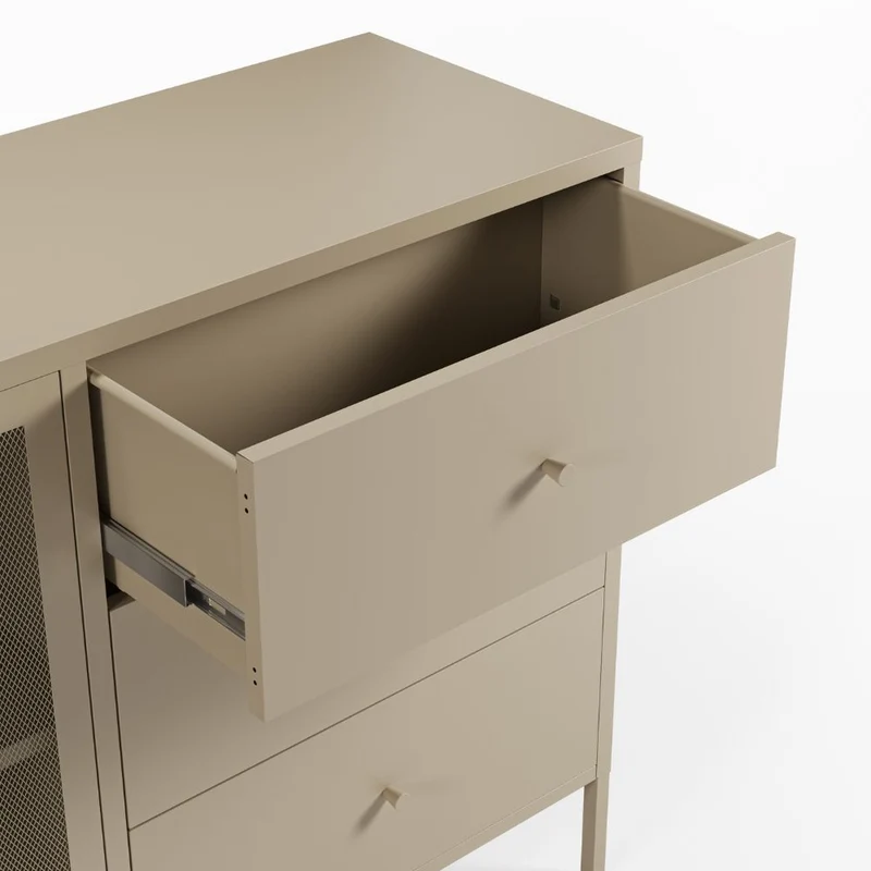 Credenza in metallo con 2 ante e 3 cassetti 140x40x90H colore sabbia Fayna
