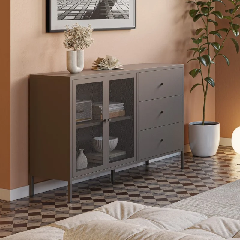 Credenza in metallo con 2 ante e 3 cassetti 140x40x90H colore mocha Fayna