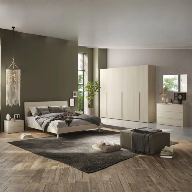 Camera da letto con armadio 6 ante battenti e letto matrimoniale in legno colore olmo Corinna