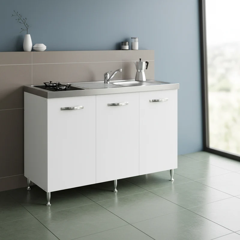 Cucinino con top inox e piano cottura a gas in vetro colore bianco frassinato Indiano120k30