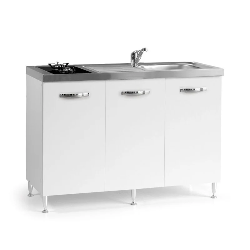 Cucinino con top inox e piano cottura a gas in vetro colore bianco frassinato Indiano120k30